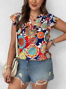 SHEIN LUNE Blusa de talla grande de verano con estampado floral colorido, cuello en V y volante en el bajo