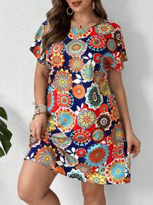 EMERY ROSE Vestido corte recto con cuello redondo en talla grande con estampado floral colorido, vestido de verano talla grande, vestido floral talla grande, vestido casual talla grande, vestidos de verano talla grande