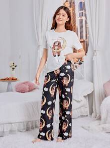 SHEIN Teen Girl 2pcs Koala Print Round Neck Short Sleeve Top And Long Pants Knitted Casual Sleepwear With Function Matching Set - White - View 5