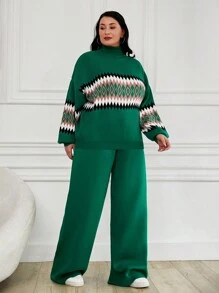 EURMUSE Plus Size Women's Geometric Pattern High Neck Sweater 2pcs/Set, For Winter - Multicolor - View 5