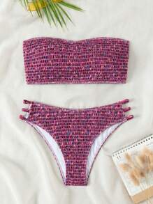 Swim Mod 2026 Spring/Summer Women's Halter Backless Red Base Pink Floral Random Print Sexy Cutout Side High Cut Bikini Swimsuit 2-Piece Set - Multicolor - View 2