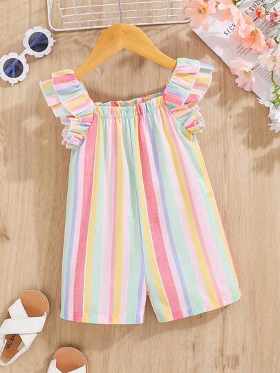 SHEIN Áo liền quần ngắn tay sọc giản dị cho bé gái đi nghỉ