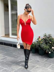 SHEIN ICON Slim Fit Lace Spliced Asymmetrical Hem Dress Adorned With Heart-Shaped Rhinestone Buckles - Red - View 5