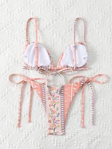 SHEIN Swim 夏日海滩印花随意后背系带细肩带比基尼套装 - 橘色 - 查看 2