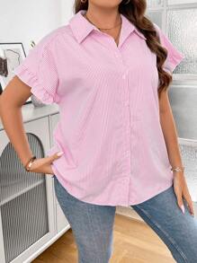 SHEIN Privé Plus Size Striped Ruffle Sleeve Shirt For Summer - Pink - View 4