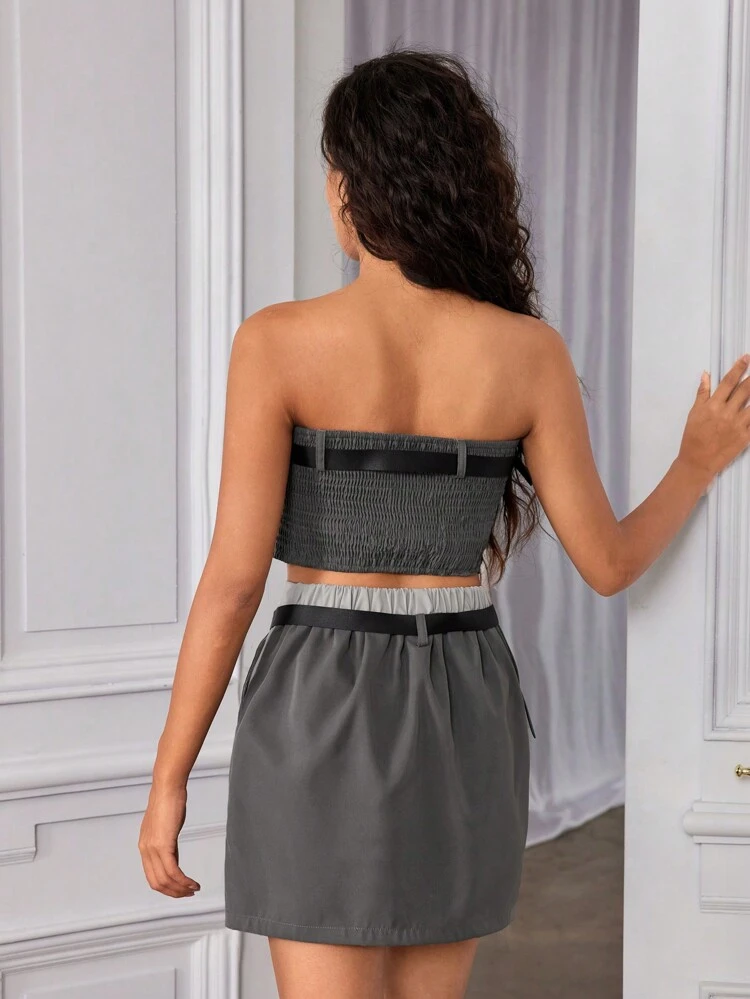 Teen Girl Casual Streetwear Y2k Color Block Strapless Crop Top And Skirt Set