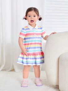 SHEIN Baby Girls' Leisure Knitted Striped Short Sleeved Polo Collar Dress - White - View 1