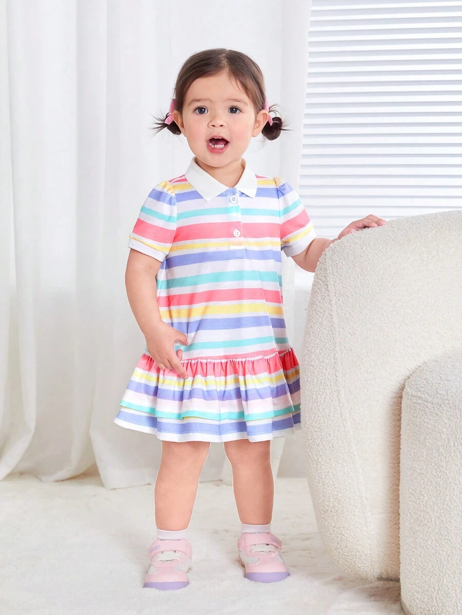 SHEIN Baby Girls' Leisure Knitted Striped Short Sleeved Polo Collar Dress - White - View 1