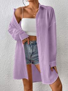 SHEIN EZwear 純色紋理下垂肩寬鬆休閒襯衫 - 紫色 - 查看 5
