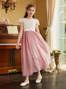 SHEIN Vestido de Chiffon com Renda Para Menina Pré-Adolescente Para a Temporada de Casamentos Como Vestido de Dama de Honra