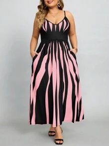 SHEIN Lady Plus Size Women Summer Fashion Pionowe Paski i Kwiatowy Nadruk Sukienka Spaghetti Strap