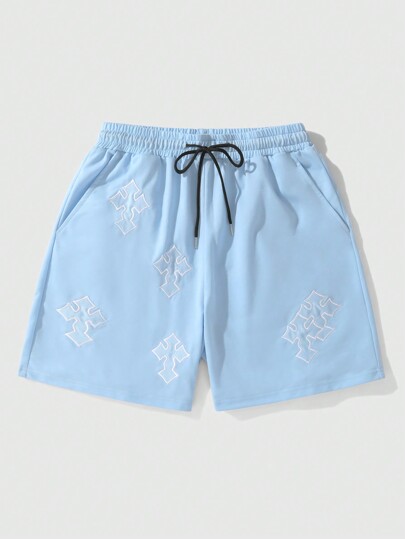 Goth Men's Drawstring Waist Simple Cross Embroidery Shorts, Football Style, School