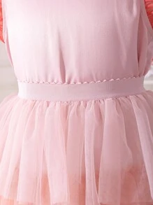 SHEIN Tween Girls' Embellished Collar Triple-Layered Mesh Ruffle-Sleeve Button-Back Blouse With Layered Mesh Skirt, 2pcs/Set