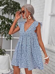 SHEIN Frenchy Ruffle Armhole Ditsy Floral Dress Summer Vacation Flower Blue Beach - Blue - View 5