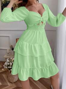 GENKIRA Spring/Summer Solid Lantern Sleeve Hollow Out Drawstring Tie Ruffle Hem Dress - Green - View 5