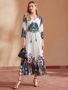 MOTF PREMIUM TROPICAL PRINT V-NECK BELTED DRESS