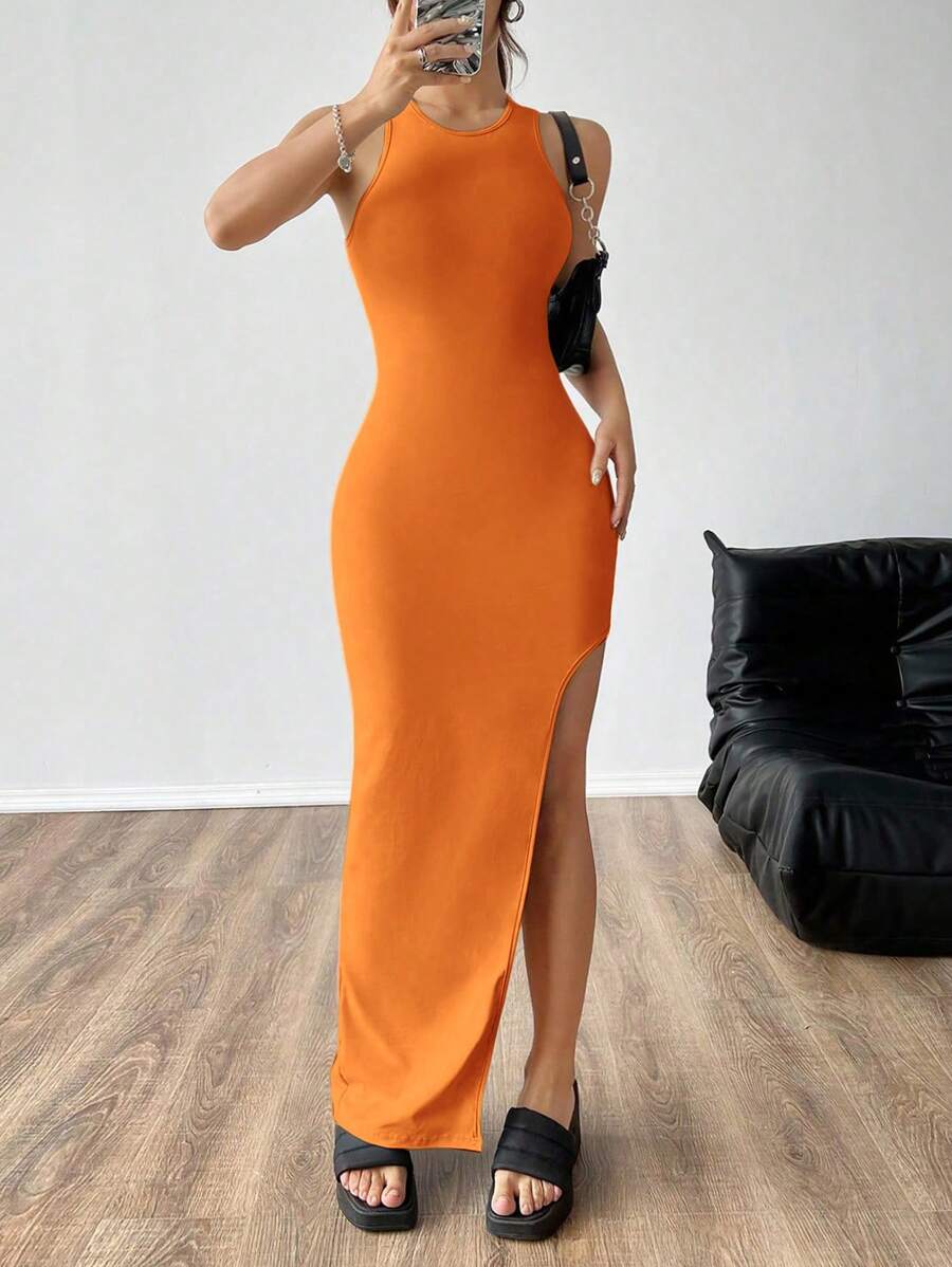 SHEIN EZwear Women Fashion Solid Color High Slit Backless Dress - Orange - View 1