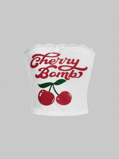 Kawaii Letter & Cherry Print Tube Top For Summer, School