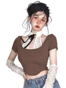 INAWLY Damska koszulka o krótkim kroju z koronkowym łączeniem 2 w 1, lato