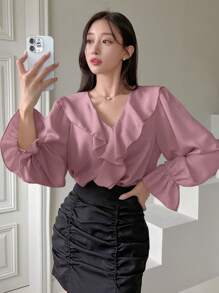 DAZY Solid Color Elegant Long-Sleeved Shirt With V-Neck And Ruffle Details