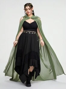 ROMWE Fairycore Plus Size Solid Color Pleated Spaghetti Strap Sleeveless Forest Vintage Cape For Women - Army Green - View 5