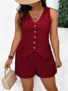 SHEIN Frenchy Plus Size Women Fashionable Waist Cinching Casual Suit Vest Two Pieces Set Short Sets Summer