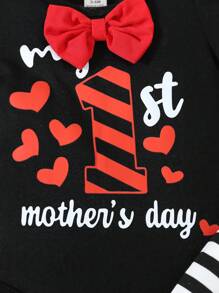 Conjunto de 2 piezas para bebé niño - body casual con cuello redondo de estampado de letras y pantalón largo con patrón de corazones rayados - Multicolor - Ver 6