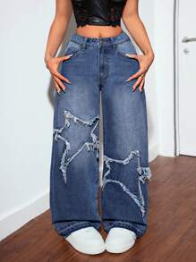 SHEIN PETITE NỮ Giải trí Denim Quần jean Với quần ống rộng , Năm cánh Ngôi sao Patch Và Túi - Màu xanh lam - Xem 2