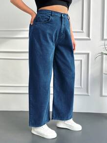 SHEIN Cottnline Plus Size Loose Fit Straight Leg Jeans With Diagonal Pockets - Dark Wash - View 3