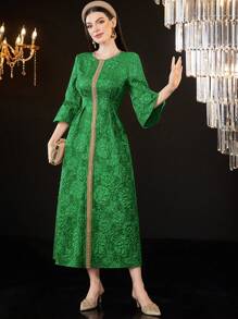 Al Najma Women's Jacquard Spliced Ribbon Detail Flared Sleeve Dress - Dark Green - View 4