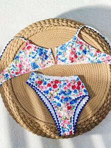 Swim Mod Conjunto de bikini con estampado floral para playa de verano y cuello en V con separación