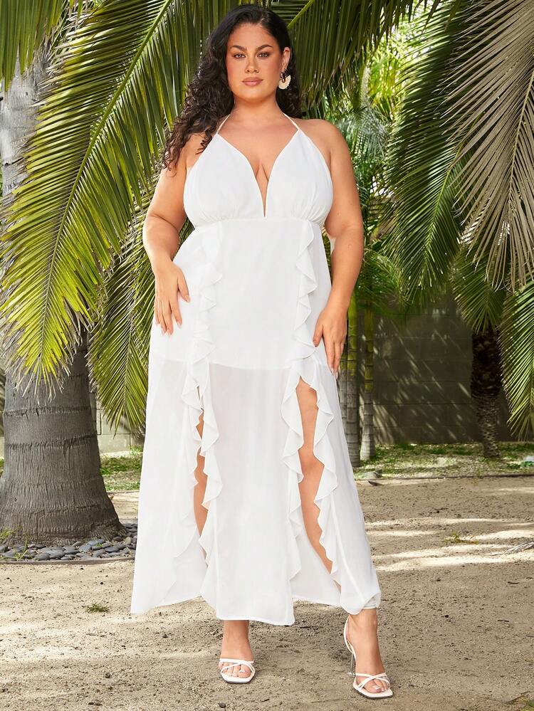 Plus Size Women's Halter Neck High Slit Thigh Ruffled Hem Flowy Vacation Dress, Suitable For Summer, Dating, Casual, Shopping, Streetwear, Going Out, Beach, Easy To Match&Looks Slim