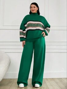 EURMUSE Plus Size Women's Geometric Pattern High Neck Sweater 2pcs/Set, For Winter - Multicolor - View 3