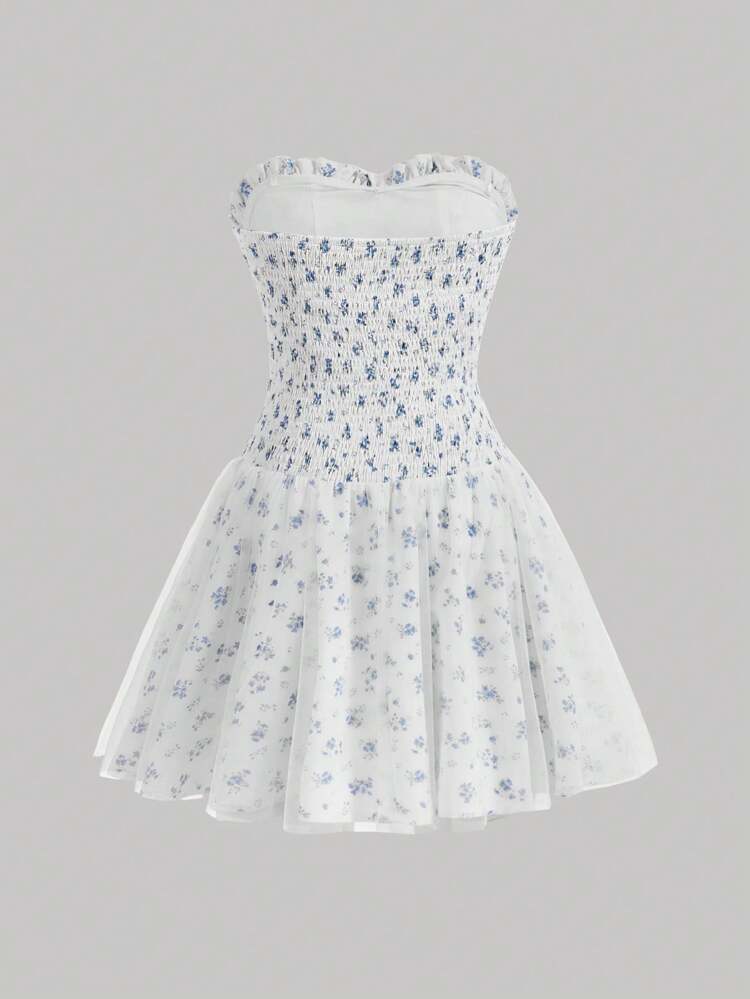 Strapless Short Dress With Waist Control, Front Bowknot Detail, Back Criss-Cross With Mesh Ruffle Hem
