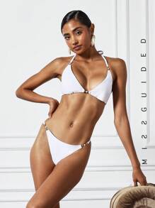 MISSGUIDED 珍珠鑲邊高腰比基尼下著 - 白色 - 查看 1