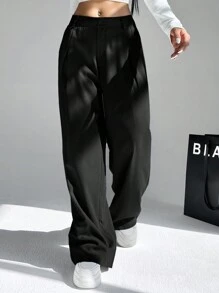 SHEIN EZwear 秋冬女士宽松直筒西装裤 - 黑色 - 查看 4