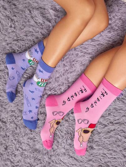 FRIENDS X SHEIN 2 pares de calcetines de media pantorrilla suaves y que absorben la humedad, regalos