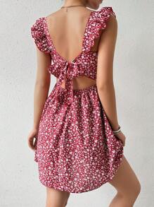 Breezaya 夏季随机碎花印花露背荷叶边下摆高腰连衣裙毕业礼服 - 紅色 - 查看 3