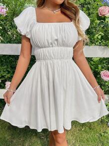 SHEIN Unity Vestido de verano casual de vacaciones con cuello cuadrado, mangas abullonadas con cintura atada - Blanco - View 4