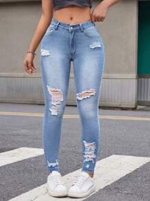 Women Street Style Distressed Skinny Jeans, Washed Denim With Holes, Fashionable And Versatile - Light Wash - View 5