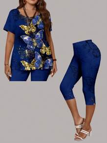 EMERY ROSE Ensemble 2 pièces Top à manches courtes col rond imprimé papillon et pantalon capri d'été décontracté pour femmes grande taille