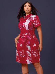 SHEIN Clasi 大尺碼復古優雅夏季植物印花開叉連接裙 - 紅色 - 查看 5