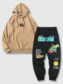 ROMWE MEN Street Life 男士卡通標語圖案束口連帽衛衣和運動長褲 - 彩色 - 查看 2