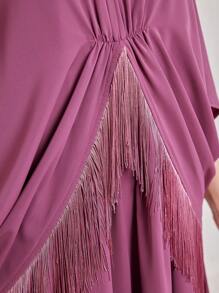 Al Najma Women Loose Turkish Style Long Shirt With Batwing Sleeves, Fringe Detail And Patchwork Kaftan Jalabiya Dress