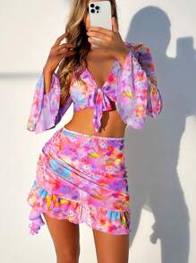 SHEIN Swim 夏季沙灘女裝彩色綁頸比基尼套裝，包括套裝上衣、裙子和相應隨機圖案遮陽衣 - 彩色 - 查看 1