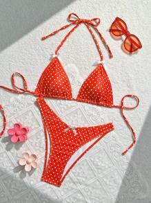 Swim Mod 波點印花蝴蝶結裝飾分離式比基尼套裝，夏日沙灘 - 紅色 - 查看 1