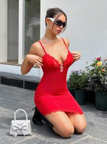 SHEIN ICON Slim Fit Lace Spliced Asymmetrical Hem Dress Adorned With Heart-Shaped Rhinestone Buckles - Red - View 3