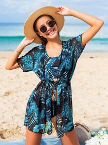 Sparklyn Teen Girl Tropical Print Bikini Set + Kimono - Blue - View 6