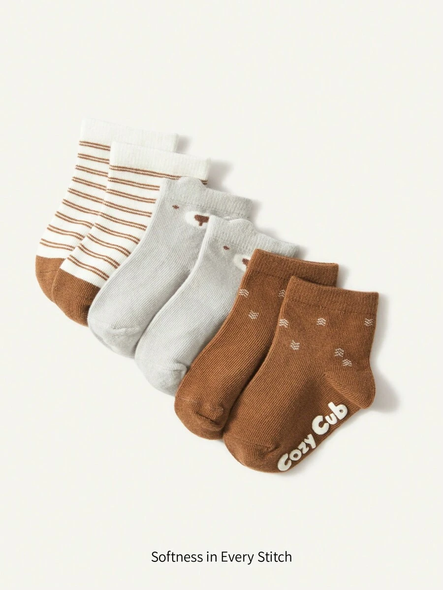 Cozy Pixies 3對/組可愛熊設計膠點防滑嬰兒襪,適合日常戶外活動 - 彩色 - 查看 1