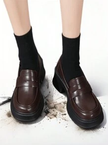 棕色洛弗麵包鞋小皮鞋，軟底鞋配專業女士工作鞋，厚底跟搭配裙子 - 咖啡棕 - 查看 3